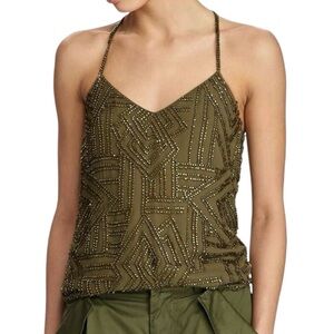 Ralph Lauren Hand Beaded Olive Green Metallic Tank Top Womens XS